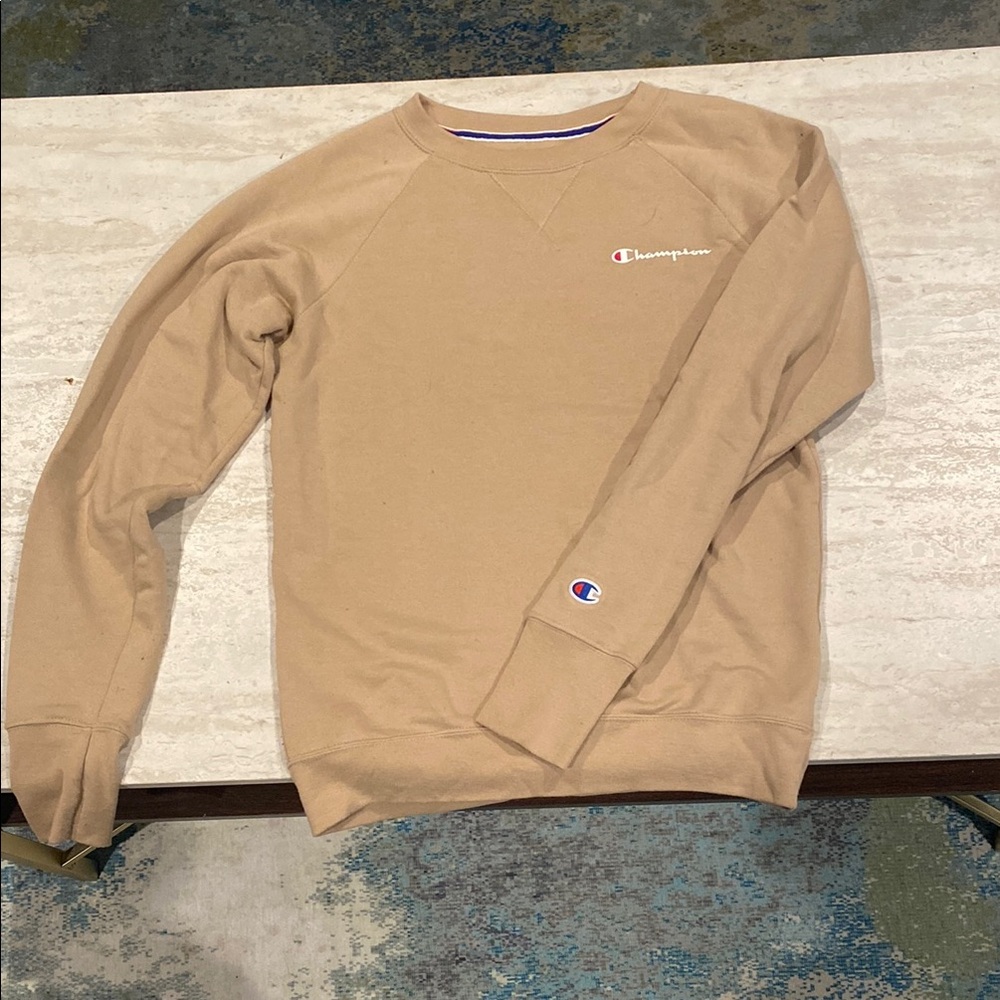 Champion Tan Crewneck Sweater Classic Athletic Design